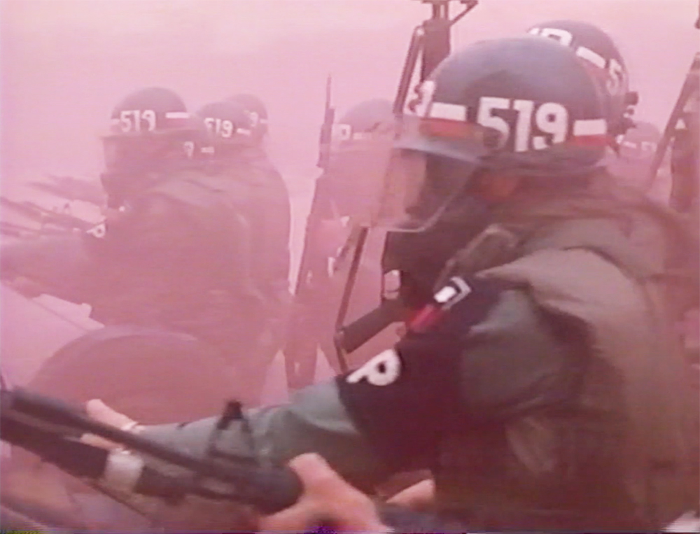 Riot police push through pink smoke