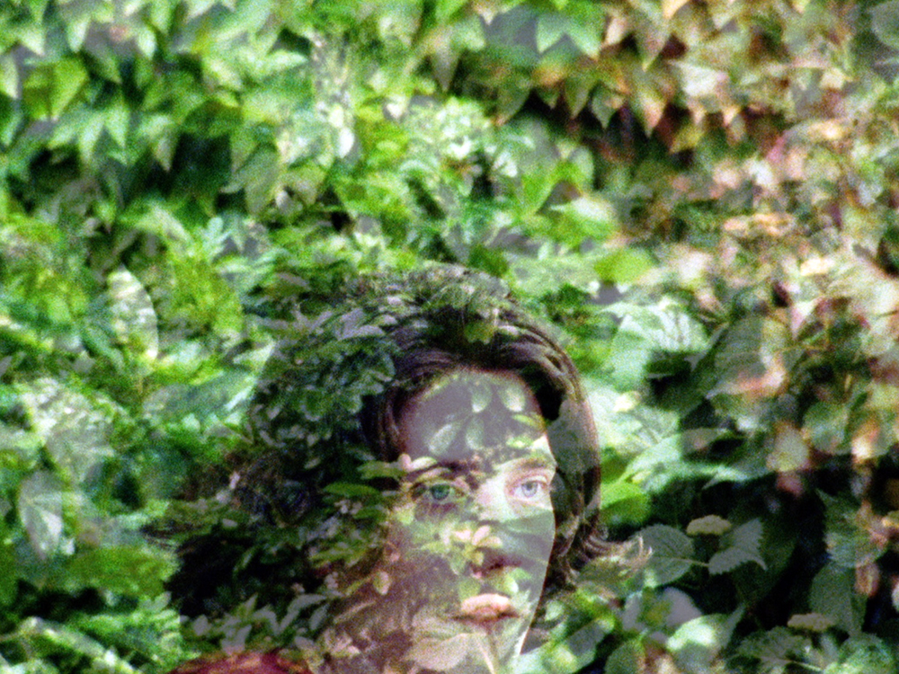 Transparent layers of a paerson against a wall of leaves and light