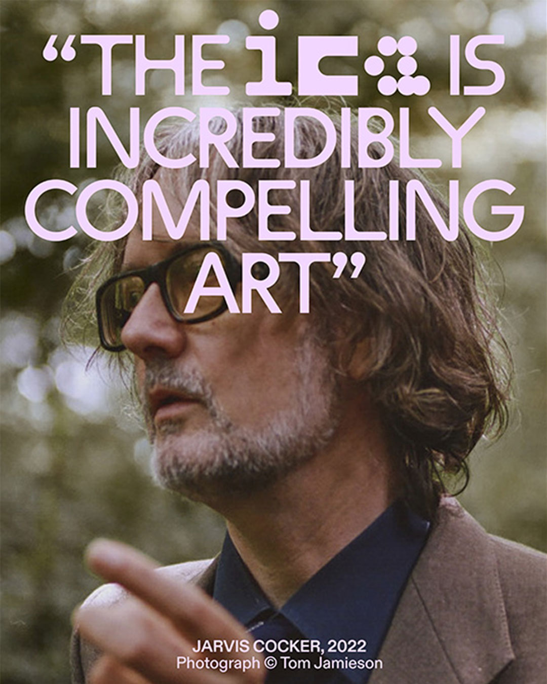 Side profile of Pulp musician Jarvis Cocker. Text in pink in a playful font reads: 
