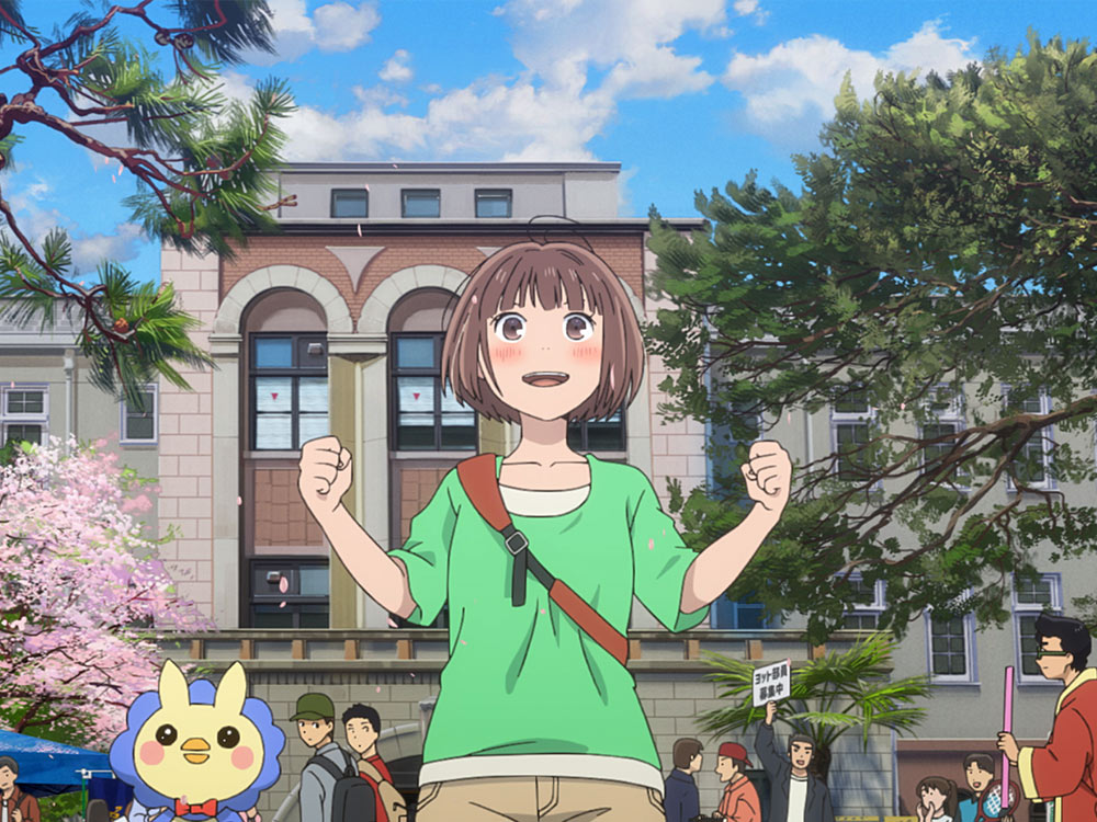 A young student stares excitedly towards the sky, in front of a university.