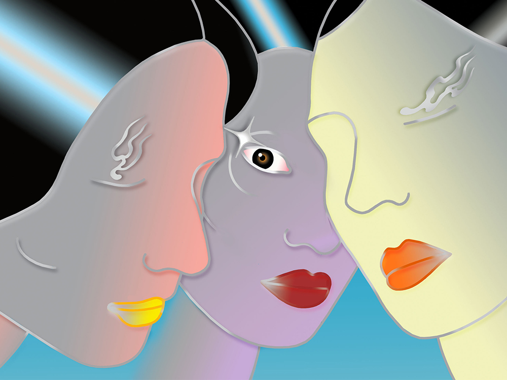 Three glossy illustrated faces with bright coloured lips and chrome-struck hair