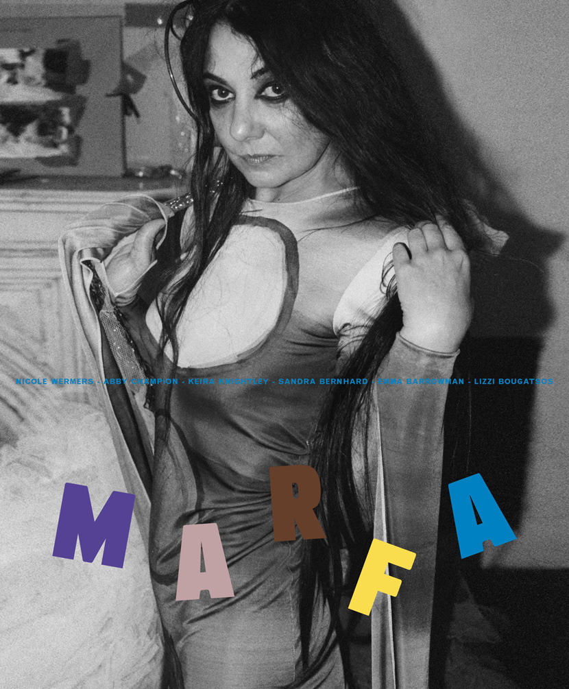 A photo of a person with heavy eyeliner and long dark hair, in black and white. The coloured letters MARFA are spread playfully across the bottom of the image