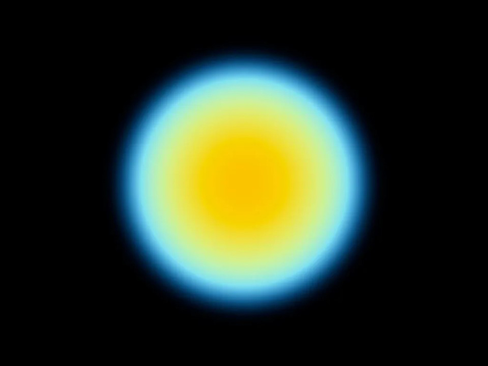 A yellow-orange circle surrounded by a glowing blue rim against a black background