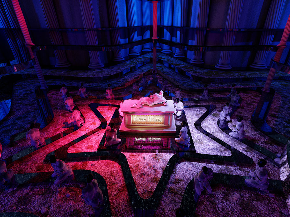 A white statue of a man sits on an altar in the centre of a star shape. Other statues/people appear sit around them, worshipping. Roman columns line the backdrop under pink-purple light