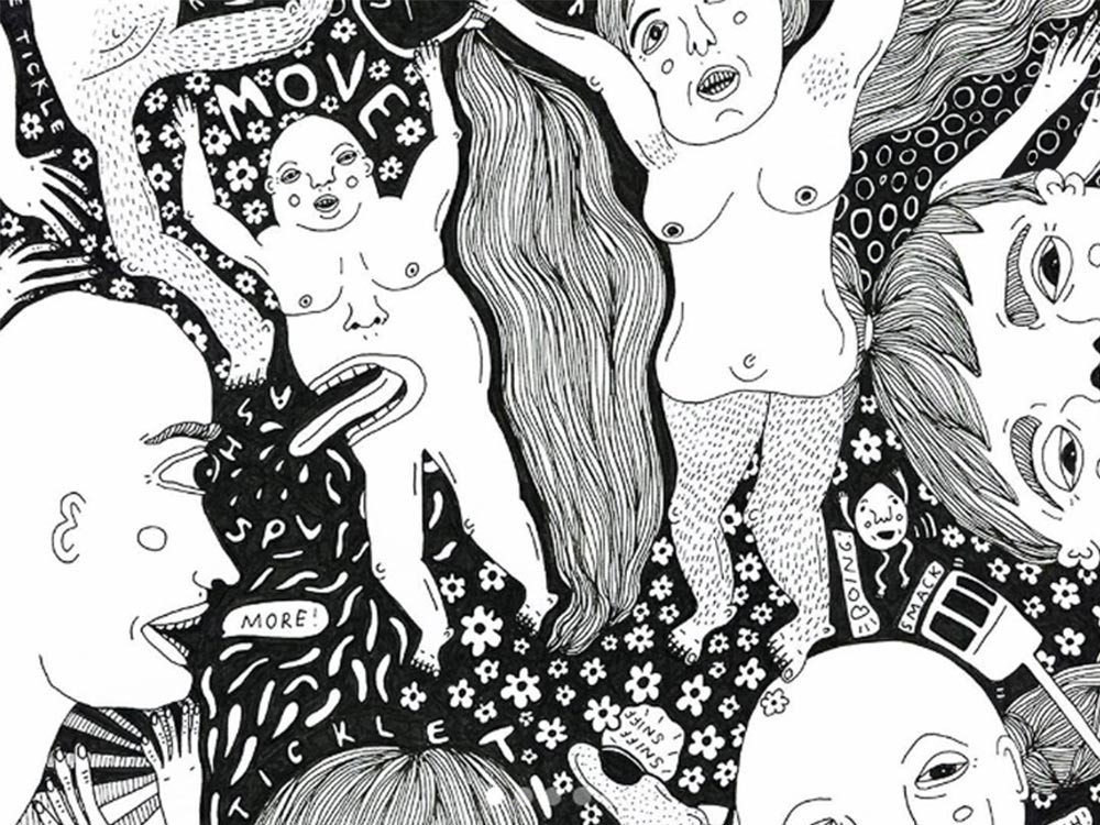 Two people float through a psychedelic, floral landscape, in black and white. Their bodies are made of faces. Other faces and heads peek in from the frame of the image