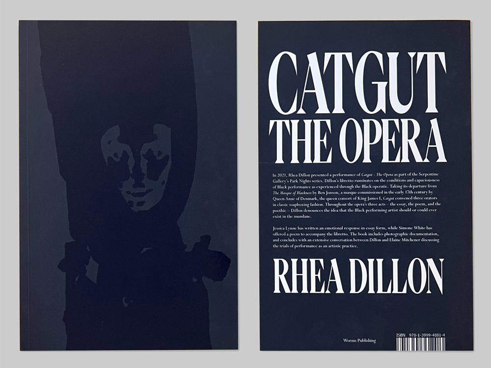 The cover of Rhea Dillon's Catgut The Opera. The front cover is a mask shadowed against deep dark blue. The back cover is the title and blurb of the book, on blue