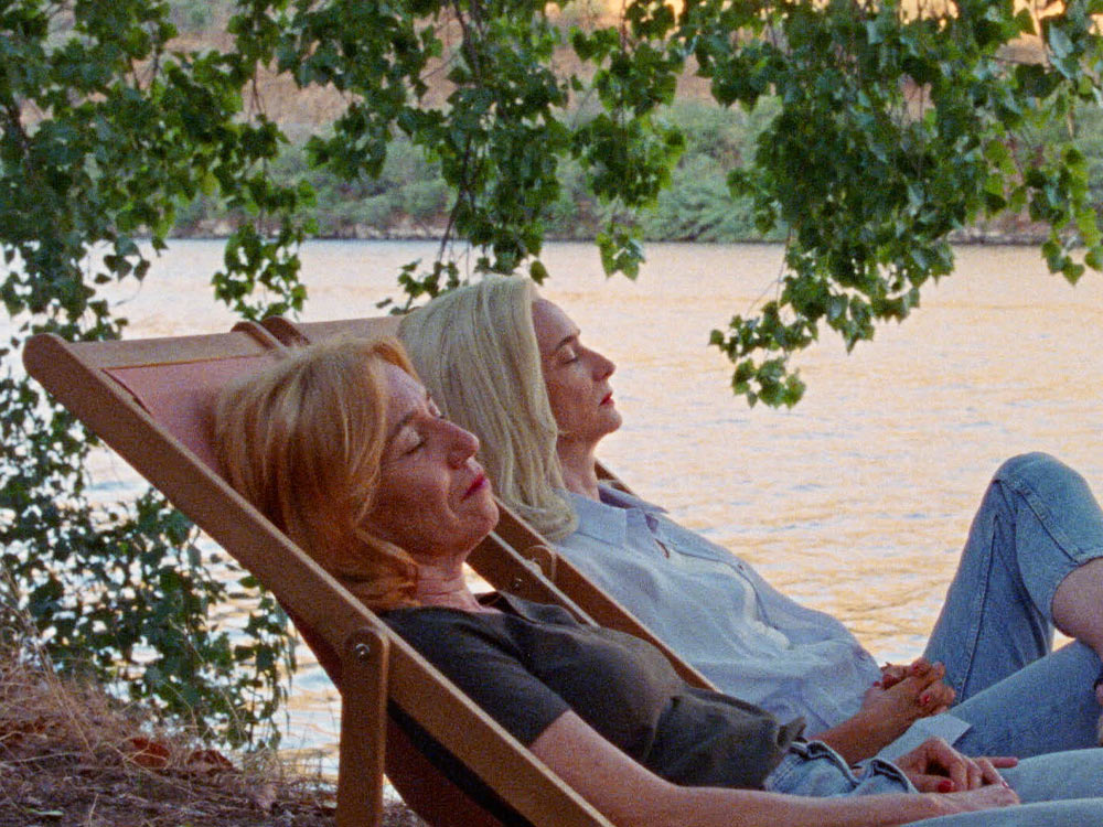 Two women, with vivid orange and blonde hair, lie on deckchairs under a tree next to a lake, eyes closed