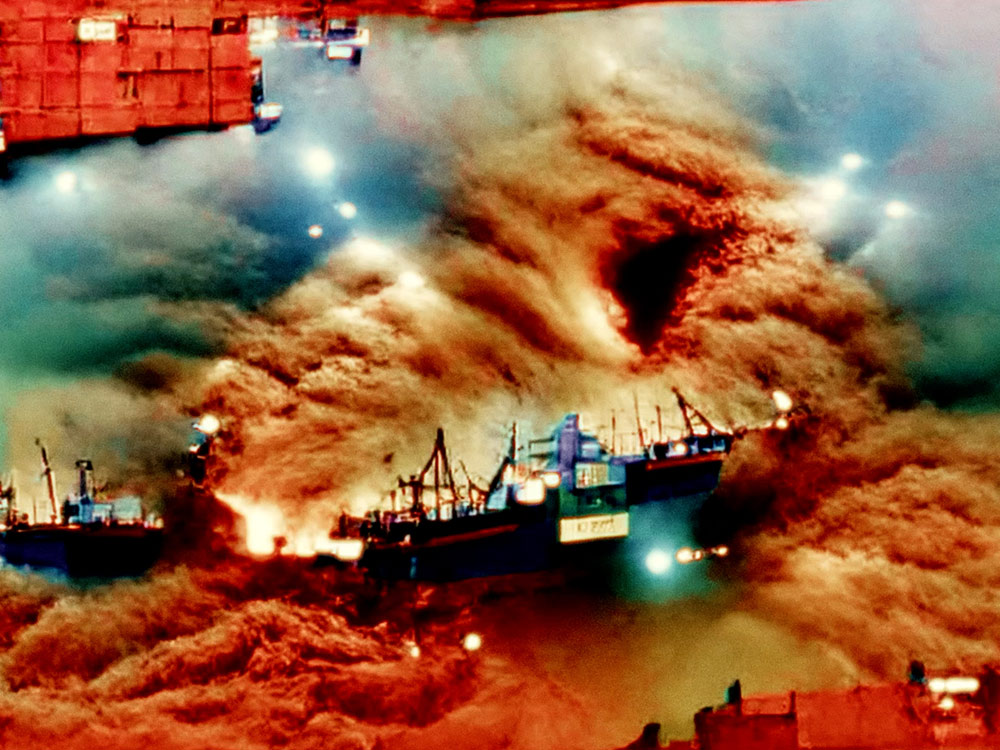 A vivid composite image of a shipping vessel against red clouds/sea waves and shipping containers