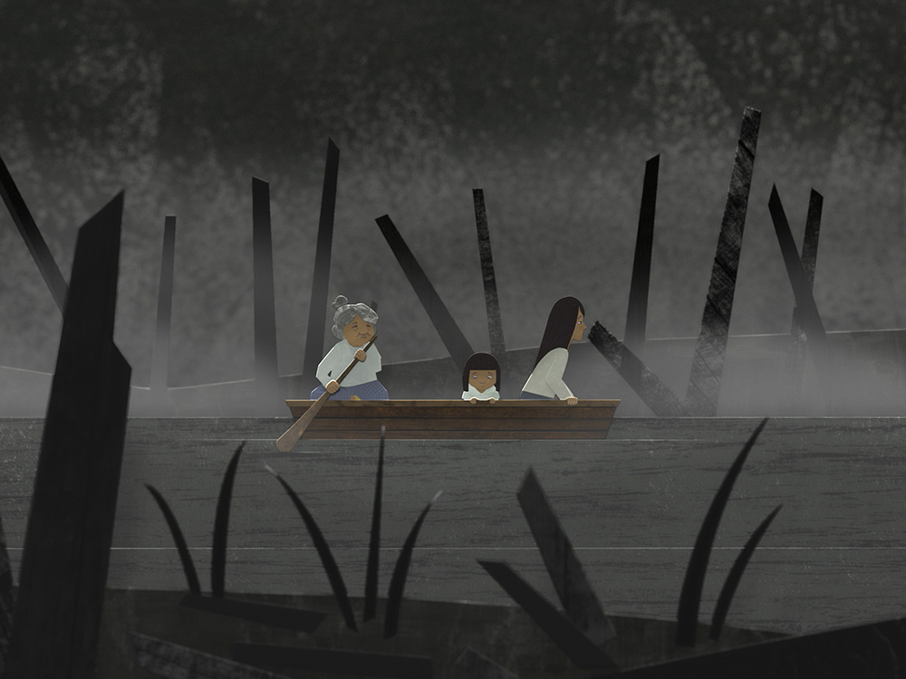 An animation of three Vietnamese women rowing a boat down a grey stream lined with black wooden trees and grass