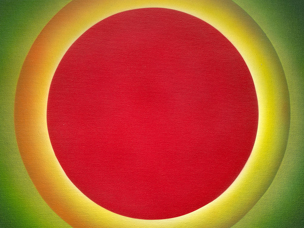Gray Wielebinski's The End #1 - a painting, a red sun-like sphere against gradient rings blending out to yellow and yellow-green