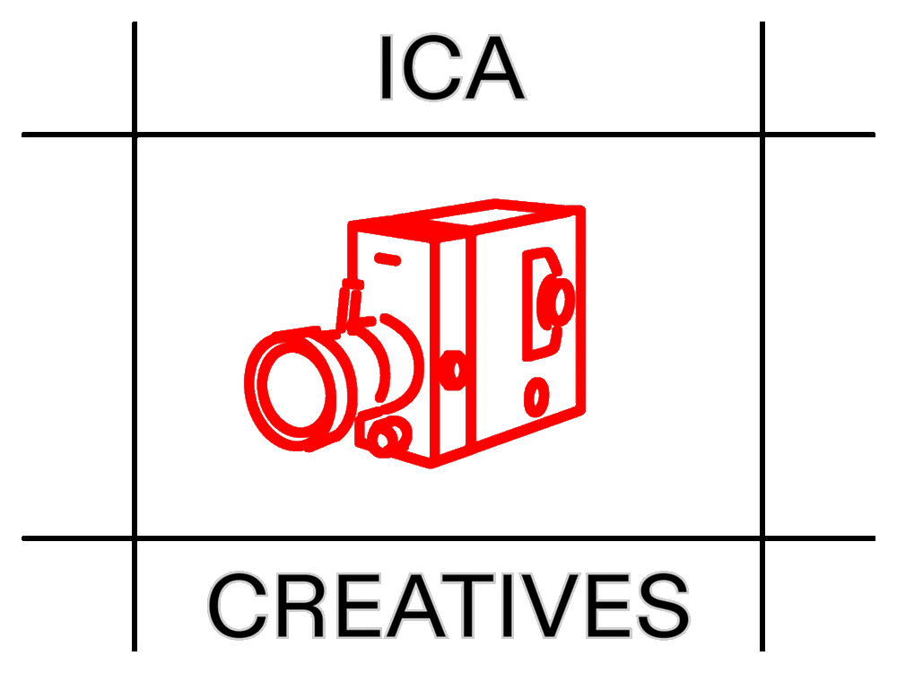 Coloured icons flicker between one another- a blue mouse pointer, a black stage, a red handheld camera, and a green speaker volume icon. They're inside the cell of a grid. Around the cell it says ICA CREATIVES